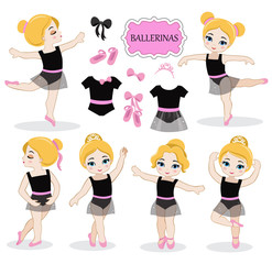 Vector illustration of little ballerinas and other related items.