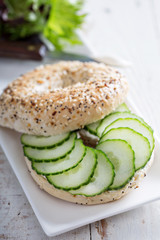 Everything bagels with cream cheese and cucumber