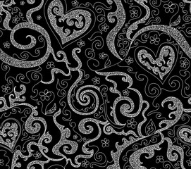 Beautiful spring vector seamless pattern with curling lines and hearts