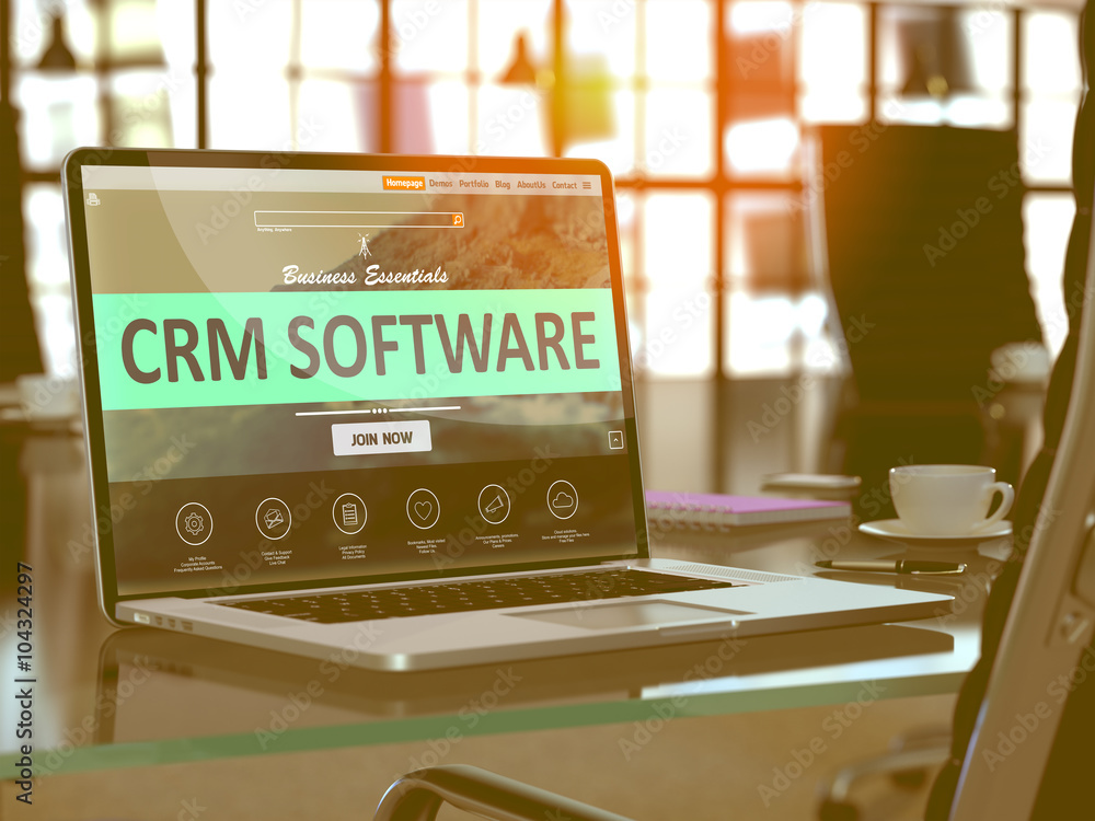 Poster crm - customer relationship management - software concept. closeup landing page on laptop screen on 