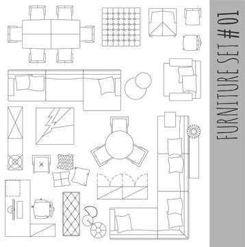 Standard furniture symbols used in architecture plans icons set, graphic design elements,home planning icon set.Living room - top view symbols. Vector isolated.