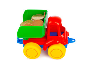 Toy car truck and money coins