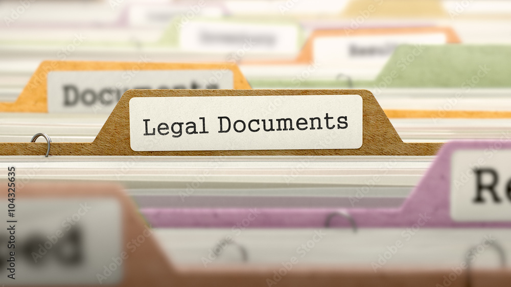 Poster legal documents concept on folder register in multicolor card index. closeup view. selective focus. 