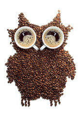 Coffee beans. Coffee. Figure owls made from coffee beans.
