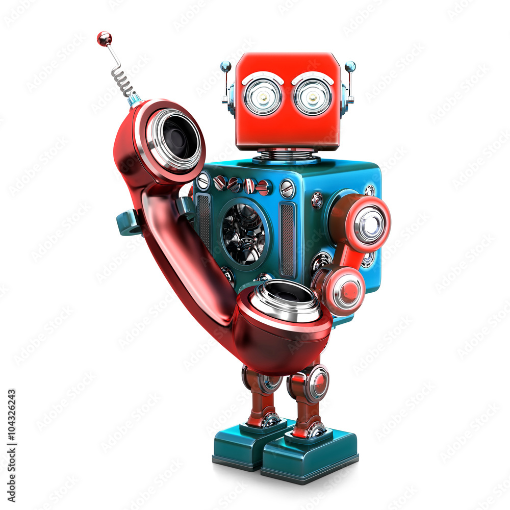 Poster retro robot with phone tube. isolated. contains clipping path