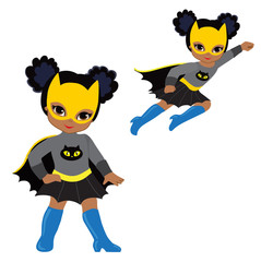 Cute Girl superhero in flight and in standing position.Vector illustration isolated on white background.