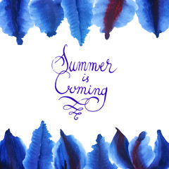 Watercolor circle round frame raster composition background with hand drawn lettering "Summer is coming" 