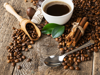 ground coffee in scoop and coffee beans on a wooden background,