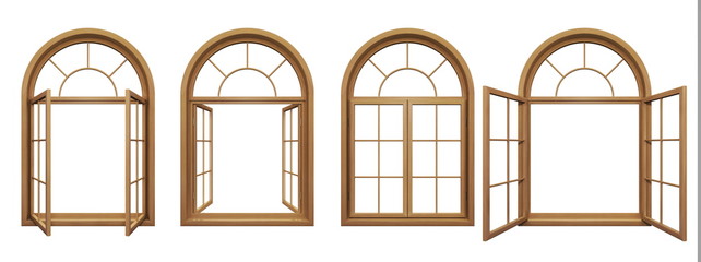 Collection of isolated wooden arched windows