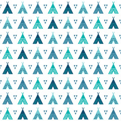 Seamless tribal background pattern in blue and teal with teepees and triangles. For scrap-booking, greeting cards, gift wrap, wallpapers, textiles or surface textures.