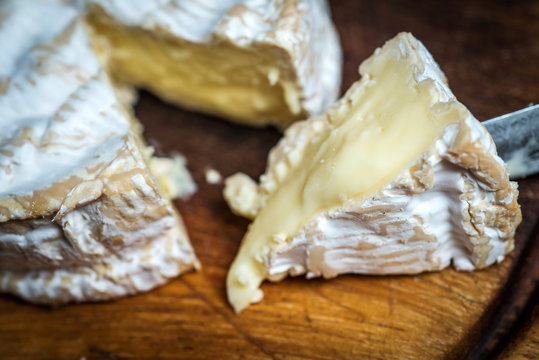 Close up of slice of  camembert cheese