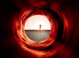 Hypnotic tunnel and man on the sunlight background