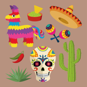 Mexico bright icon set with national mexican objects: sombrero, skull, agave, cactus, pinata, jalapeno peppers, maracas, guacamole and nacho chips isolated on brown background, vector illustration