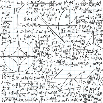 Vector seamless pattern with mathematical formulas, equations and figures, "handwritten on the copybook paper"