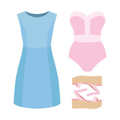 Set of trendy women's clothes. Outfit of woman solid swimsuit, dress and accessories. Women's wardrobe. Vector illustration