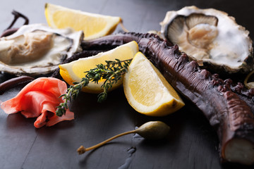 Octopus, oysters with lemon, thyme and ginger