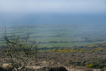 coastal moorland with foggy mist and the sea in the distance