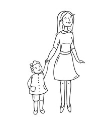 Happy cute parent and child standing together. Cartoon doodle mother and little dauther smiling. Hand drawn family vector illustration isolated on white background.
