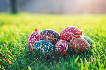 Outdoor photo from decorated Easter eggs with traditional hungarian patterns