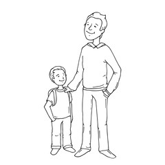 Happy cute parent and child standing together. Cartoon doodle father and son smiling. Hand drawn family vector illustration isolated on white background.