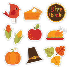 Set of cute, colorful stickers for autumn, fall and thanksgiving. Give Thanks typographic message included.