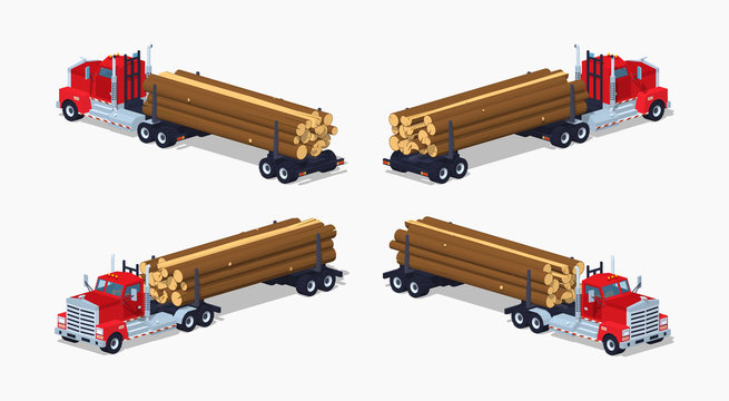 Log truck with the pile of logs. 3D lowpoly isometric vector illustration. The set of objects isolated against the white background and shown from different sides