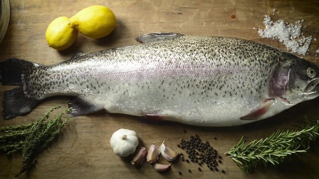 Panning shot of a fresh rainbow trout on a wooden background with cooking ingredients placed around