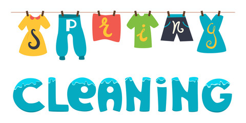 Spring cleaning. Vector banner illustration. Wash the clothes drying on the clothesline.