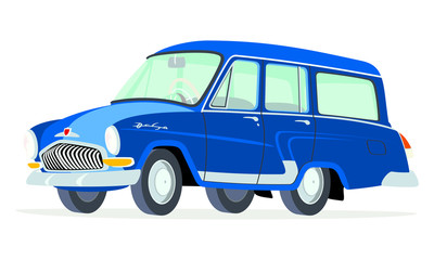 Caricatura GAZ Volga M22 Station Wagon azul vista frontal y lateral