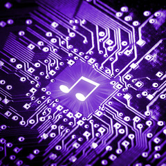Music note on computer chip
