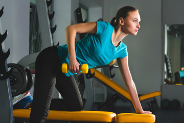 Fitness sporty young sexy Woman in gym doing exercises with dumbbells