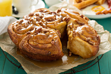 Sticky pecan buns on breakfast table