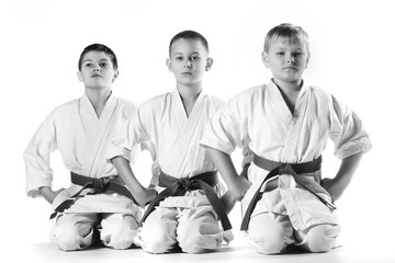 Karate boy in kimono fighting on a white background
