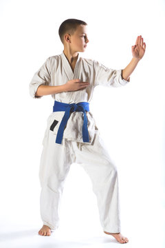 Karate Boy In Kimono Fighting On A White Background