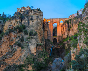 Ronda, at the Puente Nuevo Bridge over the Tajo Gorge in the evening. Andalusia. Spain