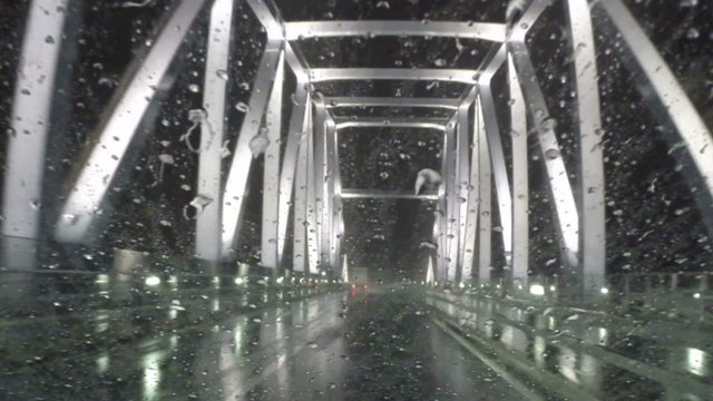 Rainy drive over the illuminated Tokyo Gate Bridge.