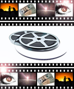 Film Reels & Strips isolated on white with bright photographic images