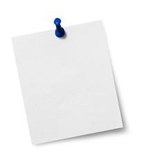 close up of a note paper with push pin on white background