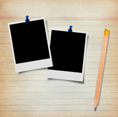 Blank note with pencil and blank instant photo, copy space