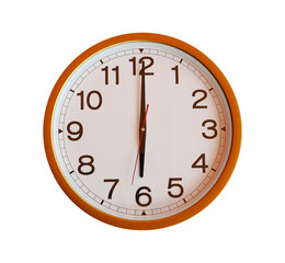 orange wall clock isolated in six o'clock.