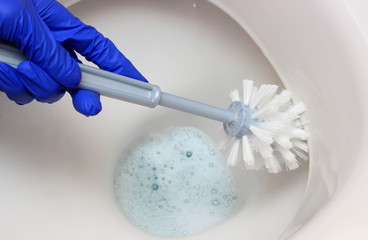 Fototapeta na wymiar Hand of woman in blue glove cleaning toilet bowl