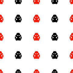 Seamless vector pattern with insects, symmetrical background with bright red and black decorative ladybugs,  on the white backdrop. Series of Animals and Insects Seamless Patterns.