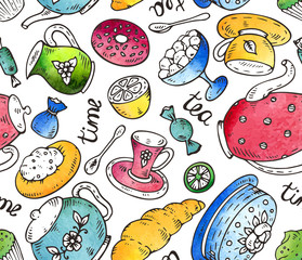 Tea time seamless pattern with doodle elements and watercolor te