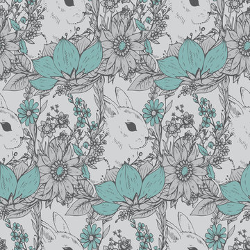 ector floral seamless pattern with hand drawn flowers and cute r