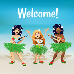 Fototapeta na wymiar Young girls welcomig on a beach . South, paradise, tropic 