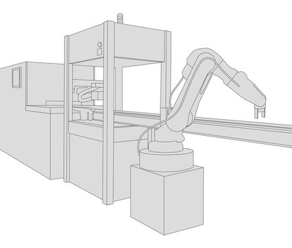 recommend clip art: industrial machinery and robotic arm, factory automation, line drawing illustration, vector
