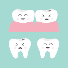 Tooth gum icon set. Healthy smiling tooth. Crying bad ill tooth with caries. Cute character set. Oral dental hygiene.  Children teeth care. Tooth health. Baby background. Flat design.