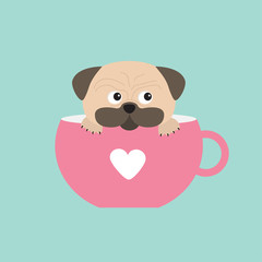 Pug dog mops paw sitting in pink cup with heart. Cute cartoon character. Flat design. Isolated. Blue background.