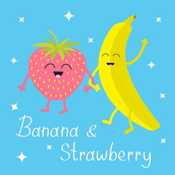 Banana and strawberry. Sparkles on blue. Happy fruit set. Smiling face. Cartoon smiling character with eyes. Friends forever. Baby background. Flat design.