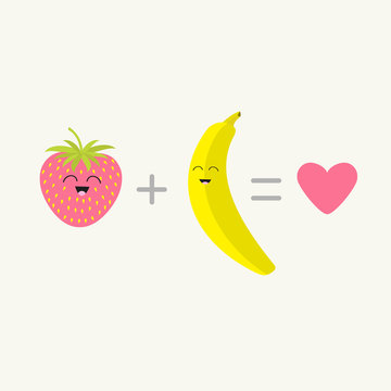 Banana plus strawberry equal love. Pink heart Happy fruit set. Smiling face. Cartoon smiling character with eyes. Friends forever. Isolated. Flat design.